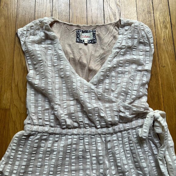 Anthropologie Deletta Size S Beige Malpelo Cap Sleeve Faux Wrap Peplum Blouse - Picture 4 of 13